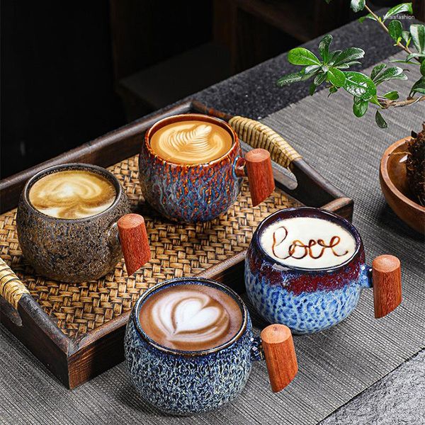 Tassen Keramik-Kaffeetasse mit Holzgriff, besondere Handwerkskunst, großer Bauch, Teetasse, kreative Tassen und niedlicher Verbrühschutz