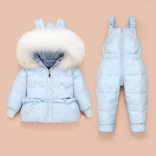 Casaco para baixo da criança menina inverno snowsuit com capuz gola de pele jaqueta macacão impressão roupas infantil terno neve conjunto roupa do bebê
