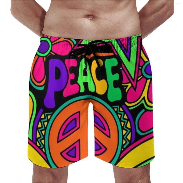 Shorts masculinos bonito rosa paz placa colorido hippy design vintage praia padrão sportswear confortável nadar troncos presente idéia