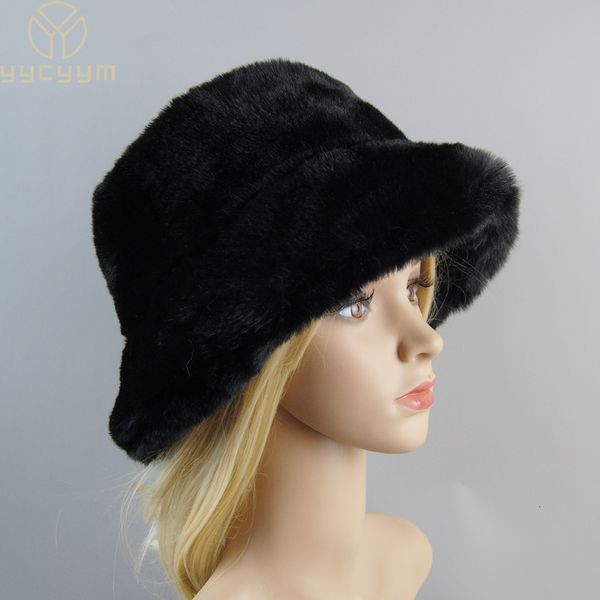 Ampla borda chapéus balde chapéus estilo falso pele de coelho chapéus super macio mulheres chapéu de inverno forro de algodão quente russo moda esqui beanies pelúcia cor sólida 230830