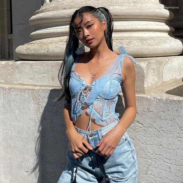 Женские футболки T Fairycore Blue Top Blue Top Women Sexy Lace Up Mesh Bandage Crop Lummer Lady Streetwear Слим дикий солидный прозрачный