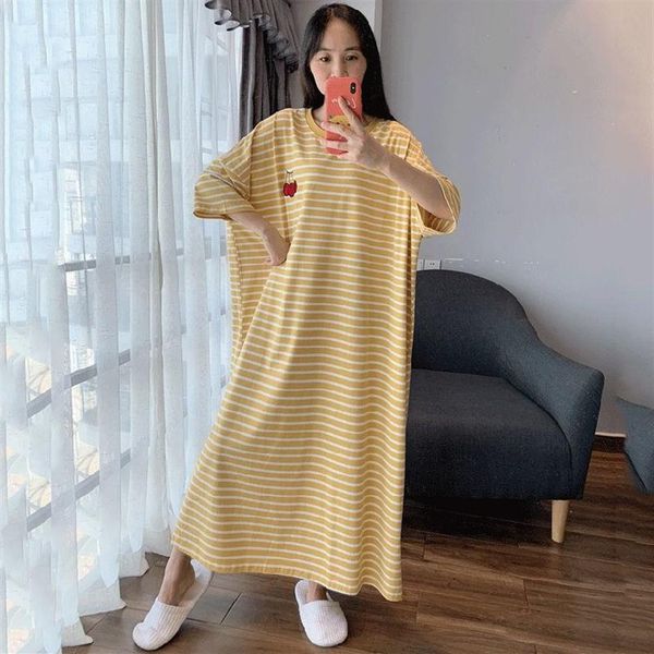 Mulheres Pijamas Plus Size 6XL Mulheres Algodão Nightwear Sleep Dress Manga Curta Homewear Nightdress Long Nightgown Listrado Ho332q