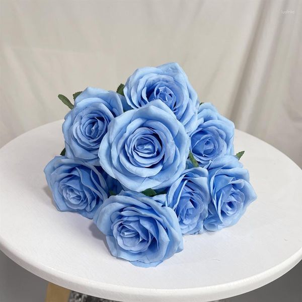Декоративные цветы искусственные голландские розы пучка шелковая фальшивая симуляция цветка зеленое растение синее белое розовое букет