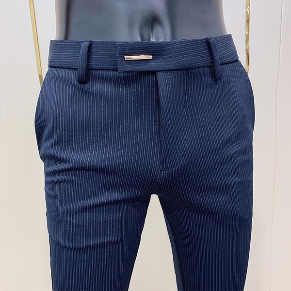 Abiti da uomo Pantaloni formali da ufficio elastici di fascia alta da ufficio Abito da uomo Pantaloni blazer a righe blu Matrimonio Tendenza casual Slim Lavoro allentato