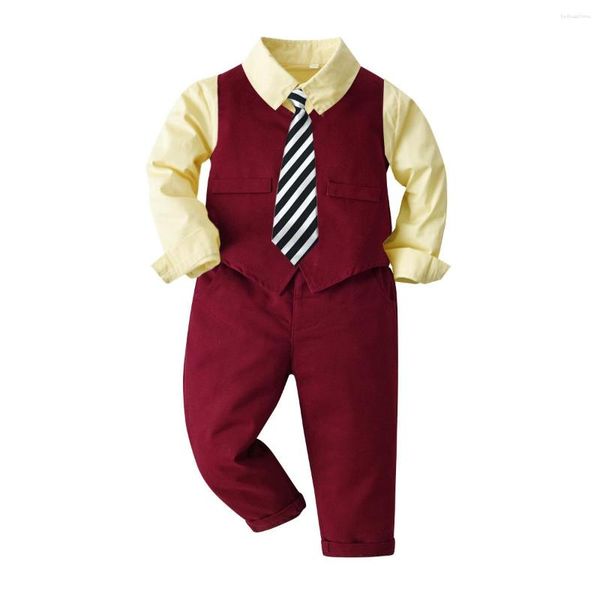 Conjuntos de roupas Cavalheiro Menino Terno Conjunto Formal Camisa Sólida com Colete Vermelho Crianças Sping Outono Alta Qualidade Listrado Gravata Design para 1 2 3 4 5 6Y