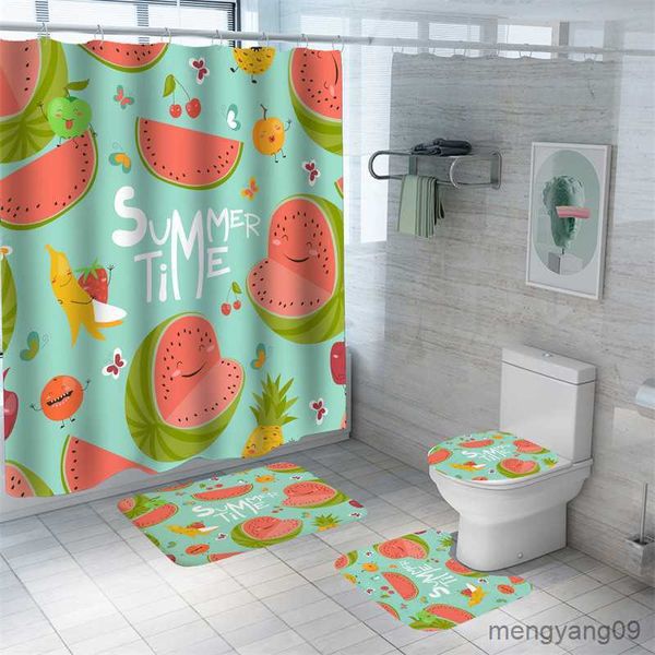 Cortinas de chuveiro verão frutas cortina de chuveiro impermeável cortina de banho laranja limão conjunto tapete de banho microfibra melancia tapetes banheiro decorativo r230831