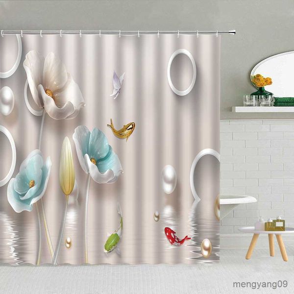 Cortinas de chuveiro pérola diamante flor cortina de chuveiro borboleta luxo decoração do banheiro tela banho feminino à prova dwaterproof água tecido cortinas r230831