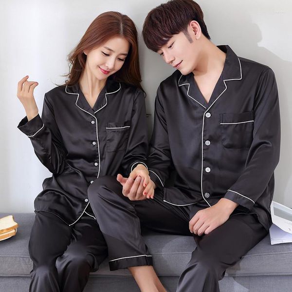 Masculino sleepwear 2023 longo botão-down pijama terno cor sólida seda cetim homewear casal conjunto mulheres homens loungewear plus size nightwear
