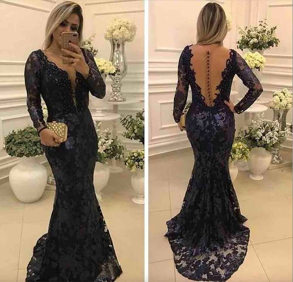 Sheer Navy Blue of the Bride Dresses Vintage Lace Long Maniche Mother Formale da sera Formale Abito Maxi Dress