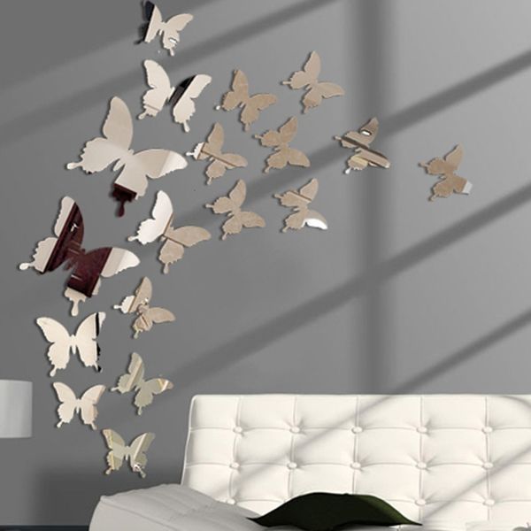 Adesivos de parede 12 pcs 3d borboleta espelho adesivo decalque removível diy arte festa decoração de casamento crianças quarto decoração de casa cristal 230829