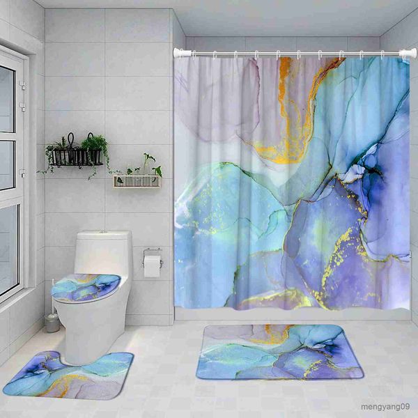 Cortinas de chuveiro azul mármore cortina de chuveiro conjunto arte abstrata pintada moderna decoração de banheiro tapete de banho pedestal tapete antiderrapante capa R230830