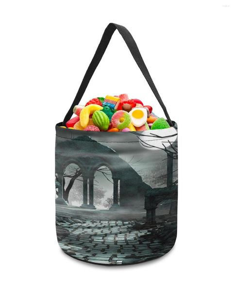 Borse portaoggetti Architettura di Halloween Notte horror Decorazione della casa Giocattoli Cestino Sacchetto di caramelle Regali per bambini Tote Cloth Bomboniera