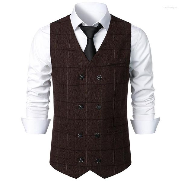 Herrenwesten Männer Plaid Herringbone Tweed Anzug Weste England Stil Klassische Zweireiher Weste Business Formal für Hochzeit Trauzeugen