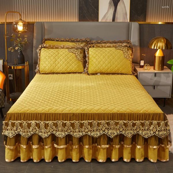 Saia de cama luxo ouro cristal veludo flores rendas babados acolchoado bordado colchão capa colcha folha com fronhas