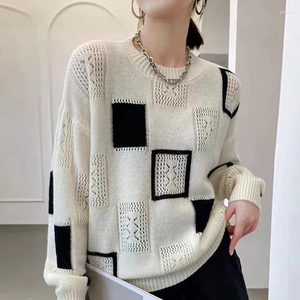 Frauen Pullover Farbe Blockieren Plaid Gestrickte Pullover Pullover Weibliche 2023 Frühling Und Herbst Koreanische Retro Lose Temperament Rundhals