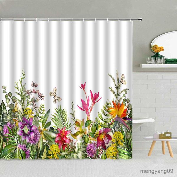 Cortinas de chuveiro 3D Simples Planta Floral Cortina de Chuveiro Cor Flor Folha Verde Borboleta Tecido Decoração de Banheiro Suprimentos Cortinas Penduradas Lavável R230830