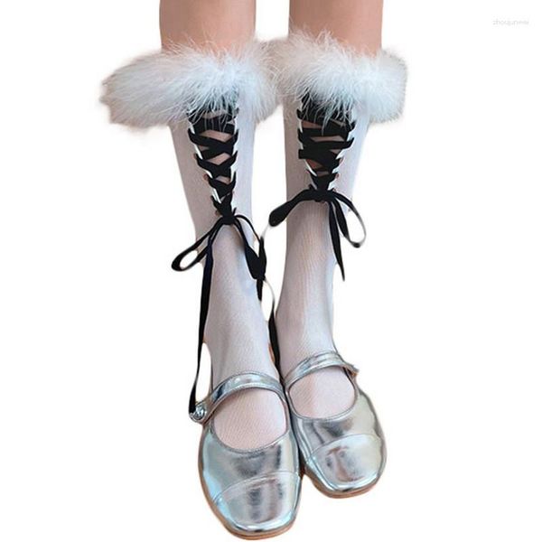 Calzini da donna Lolita Cute Cross Tie-Up Knee High Ballet Style Calze con bordo in pelliccia