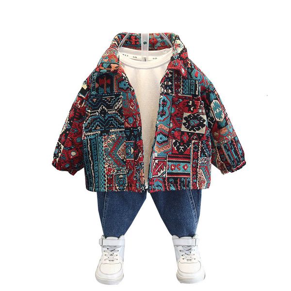 Jacken Kinderjacke 2023 Herbst Kinderkleidung Jungen Revers Bunte Ethnische Stil Einreiher Strickjacke Mantel 230830