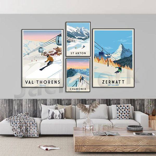 Dipinto su tela Cartoon Sci Neve Montagna Paesaggio Poster e stampa Immagine di arte della parete Murale Camera da letto Soggiorno Decorazioni per la casa Senza cornice Wo6