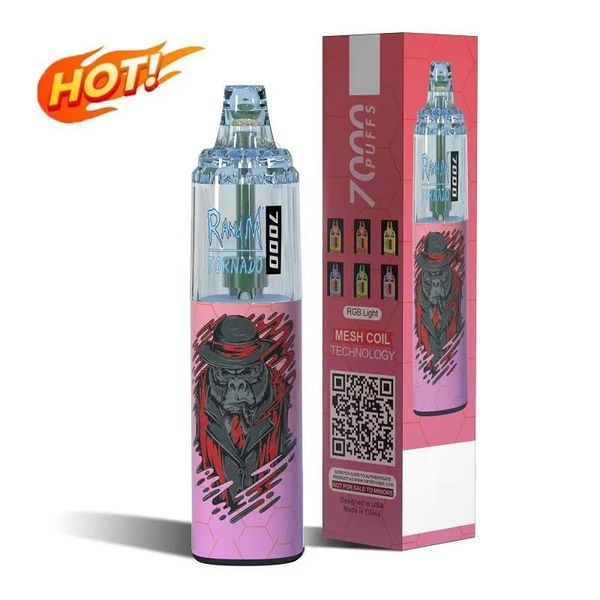 Authentischer Puff Tornado Vape Randm 7000 Einweg-Vapes-Stift, 14 ml, vorgefüllter Kristalltank, auswechselbar, 1000 mAh, wiederaufladbar, Luftstrom einstellbar, 9 K, 12 K, 9000