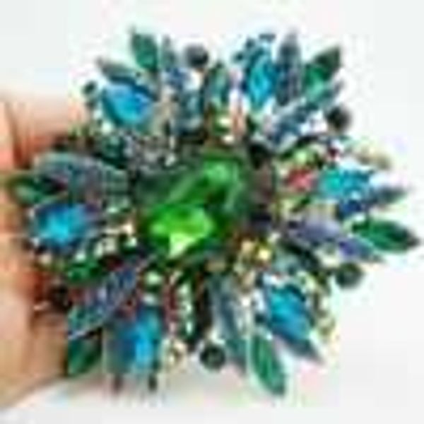 Toptan - 2014 Yeni Moda Zarif Çiçek Altın Kaplamalı Büyük Broş Pin Yeşil Rhinestone Kristal