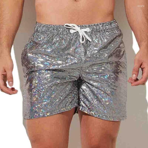 Mutande da uomo Paillettes Pantaloncini larghi casual Tasca lucida Discoteca Boxer da ballo Gay Club Outfit Uomo Riflettente Lingerie colorata leggera