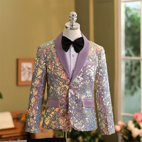 Suits Boys Purple Sequined High End Set Set Kind Spect Speed ​​Stage Performance Prograph Prographing Свадебный костюм детей Blazer 230829