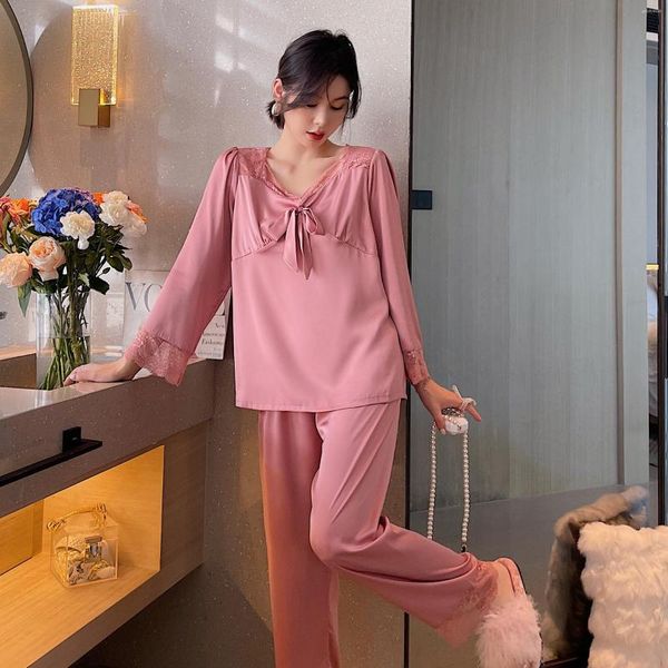 Pijamas femininos renda senhora 2 pçs pijamas de rayon conjuntos arco longo pijamas terno sexy com decote em v noiva lingerie roupa de noite verão casa roupas