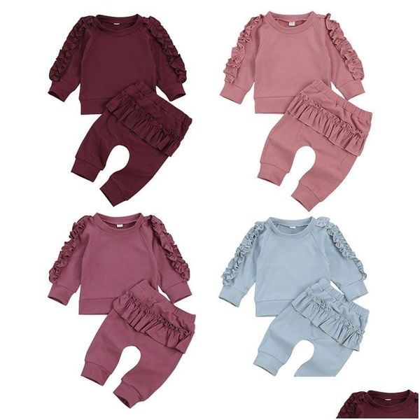 Set di abbigliamento Primavera Autunno Neonata Abiti Solid Girls Ruffle Top Gonna Pantaloni 2 pezzi Set bambino Vestiti boutique M2914 Drop Deliver Dhzbm