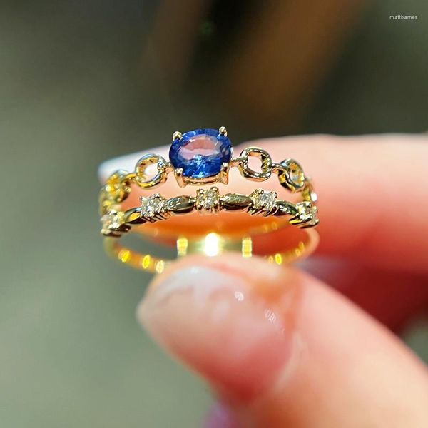 Кластерные кольца Unice Natural Sapphire Ring Сплошное желтое золото ювелирные изделия Relate 18k AU750 Дизайн двойной слой алмазной цепь для женщин