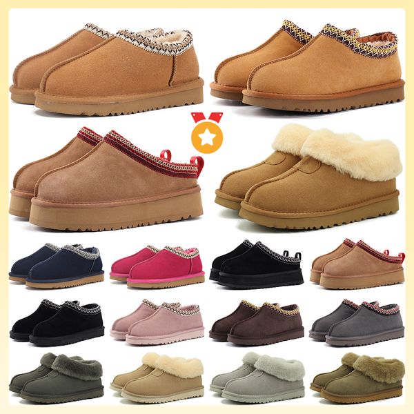 Tasman botları tazz maxi terlik kestane kürk slaytlar koyun derisi shearling klasik ultra mini platform önyükleme kış katırları kadınlar erkekler süet üst yün sonbahar