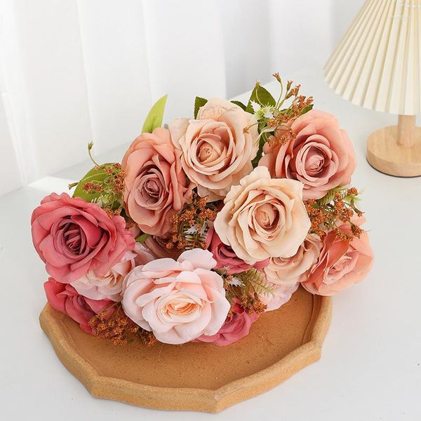 Fiori decorativi Matrimonio Seta Simulazione Fiore Stella Luna Bouquet di rose Balcone Decorazione del giardino Fascio di rose rosa viola artificiali finte