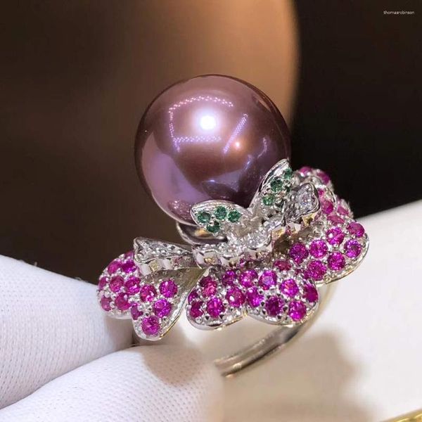 Cluster anéis anel de pérola jóias finas 925 prata esterlina natural redondo 11-12mm água doce pérolas roxas para mulheres presentes