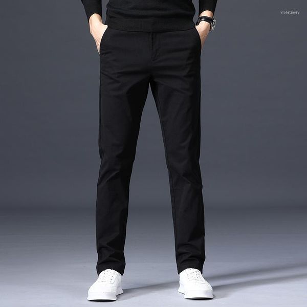 Ternos masculinos 2023 calças de algodão masculino outono respirável escritório cor sólida linho negócios calças retas fitness streetwear c34