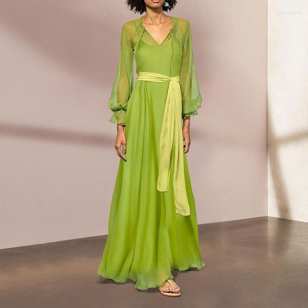 Повседневные платья для отдыха богемные плиссированные для женщин лето 2023 г. Винтажное рукав с видажным вырезом Зеленое шифоновое платье vestidos para mujer
