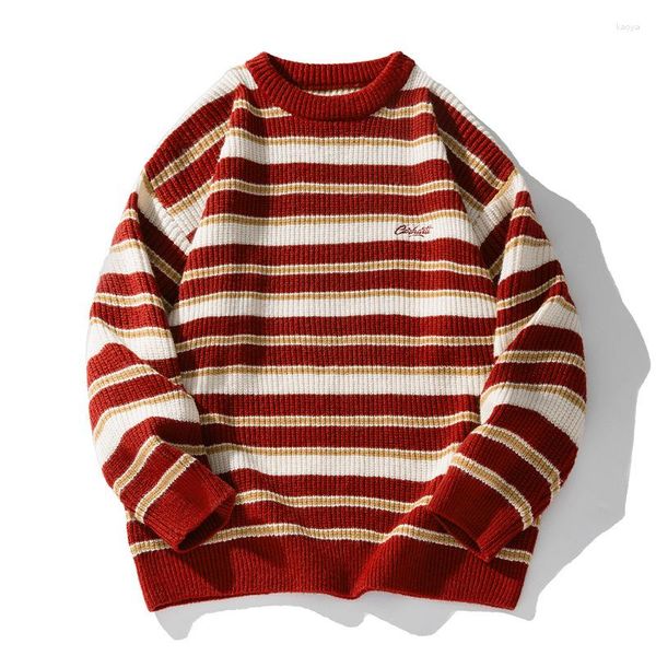 Мужские свитеры полосатые тяжелые толстые игольчатые свитер 2023 Осень и зимняя пара ретро круглую шею