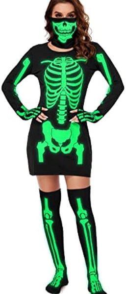 Esqueleto feminino fantasia de Halloween que brilha no escuro vestido de esqueleto com luvas meias altas conjunto de capa de rosto de caveira