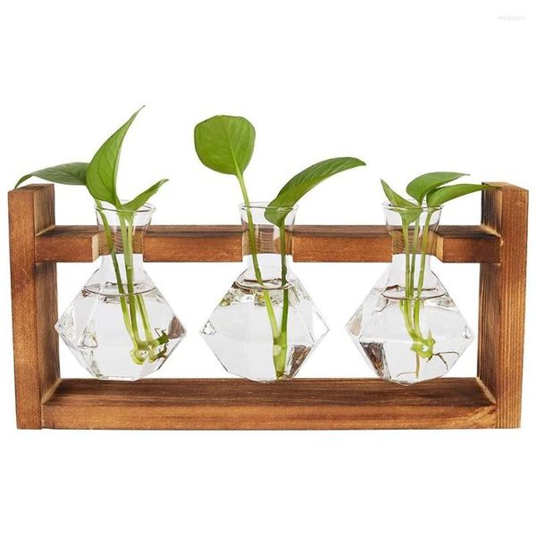 Copos de vinho estações de propagação de plantas de mesa plantador de vidro diamante vaso de flores com suporte de madeira sólida para plantas de ar hidropônicas