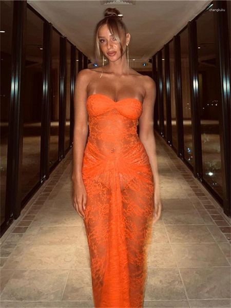 Lässige Kleider Herbstkleidung für Frauen 2023 Kleid Maxi Party Club See ThroughTrägerlose rückenfreie Spitze Sexy Orange