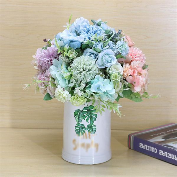 Flores decorativas 10 pcs artificial 7 ramos de seda falso rosa folha hortênsia casamento decoração floral bouquet nupcial mão flor atacado x2