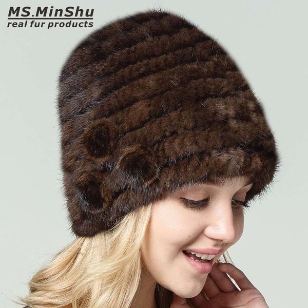 Beanie Crânio Caps Ms MinShu Mulheres Beanies Genuine Mink Fur Chapéu Inverno Real Mão Malha com Flores 230829