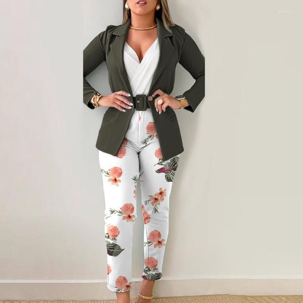 Damen Zweiteilige Hose 2023 Casual Revers Blazer Mantel und bedruckte Outfits Büromode Langarm Slim Fit Anzüge Herbst Elegantes 2-teiliges Set