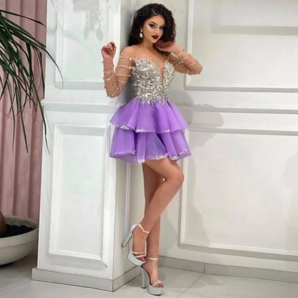 Lila Perlenkristalle Heimkehr V-Ausschnitt Lange Ärmel Organza Abschlusskleider Sexy Elegante Partykleider mit kurzem Schwanz 328 328