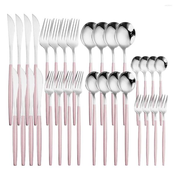 Geschirr-Sets, luxuriöses Küchenbesteck-Set, rosa und silberfarben, Edelstahl, 32-teilig, Messer, Gabel, Löffel, Dessertgeschirr, umweltfreundlich