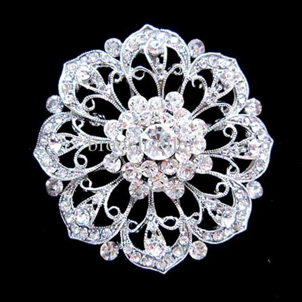 Spilla Flowe da sposa e da sposa in cristallo con strass color argento