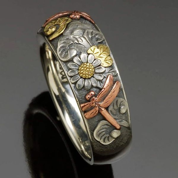 Anéis de banda vintage prata e rosa cor de ouro esculpido libélula anel de girassol exclusivo flor de metal mulheres noivado festa jóias 230830