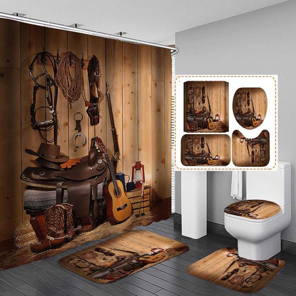 Занавески для душа в стиле западного ковбоя, комплект занавесок для душа в ковбойской шляпе, сапоги, гитара, деревенская деревянная панель, коричневая деревянная доска, наборы занавесок для ванной комнаты