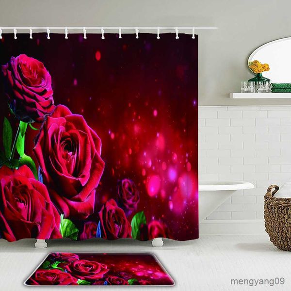 Duschvorhänge, Blumen, rote Rose, Duschvorhang-Set, 3D-Druck, wasserdichter Stoff, Badezimmervorhang mit Anti-Rutsch-Matte, Badezimmerprodukte R230830