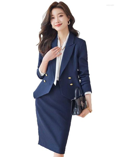 Vestido de duas peças elegante outono inverno senhoras saia terno feminino preto azul rosa branco feminino formal conjunto blazer para negócios trabalho wear