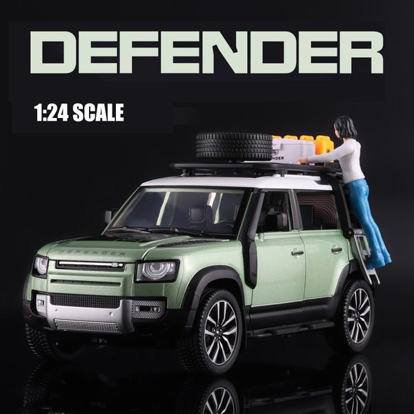 Diecast Model Araba 1 24 Ölçekli Lands Rover Defender Off-Road Aracı SUV Alaşım Model Araba Diecast Model Simülasyon Sesli Işık Oyuncakları Çocuklar için 230829